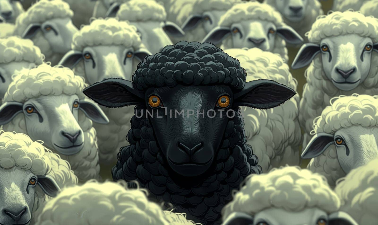 A black sheep among white sheep in a herd. Selective focus.