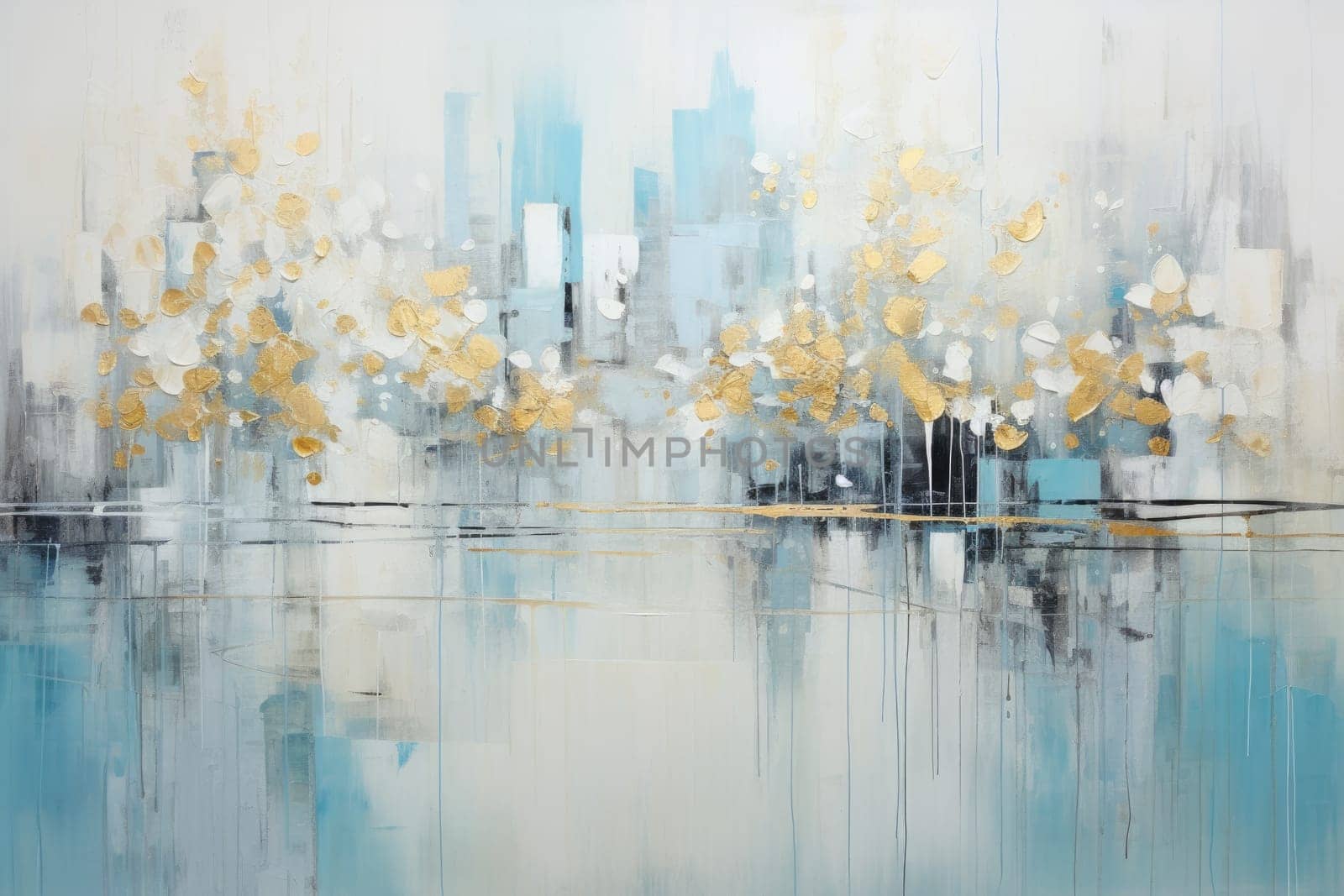 The abstract picture of the gold, blue and black colour that has been painted or splashed on the white blank background wallpaper to form random shape that cannot be describe yet beautiful. AIGX01.