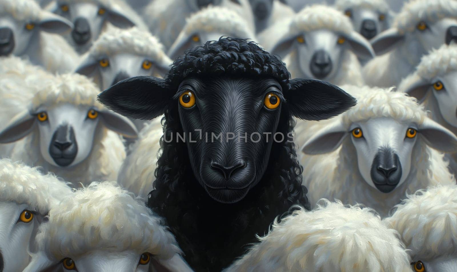 A black sheep among white sheep in a herd. Selective focus.