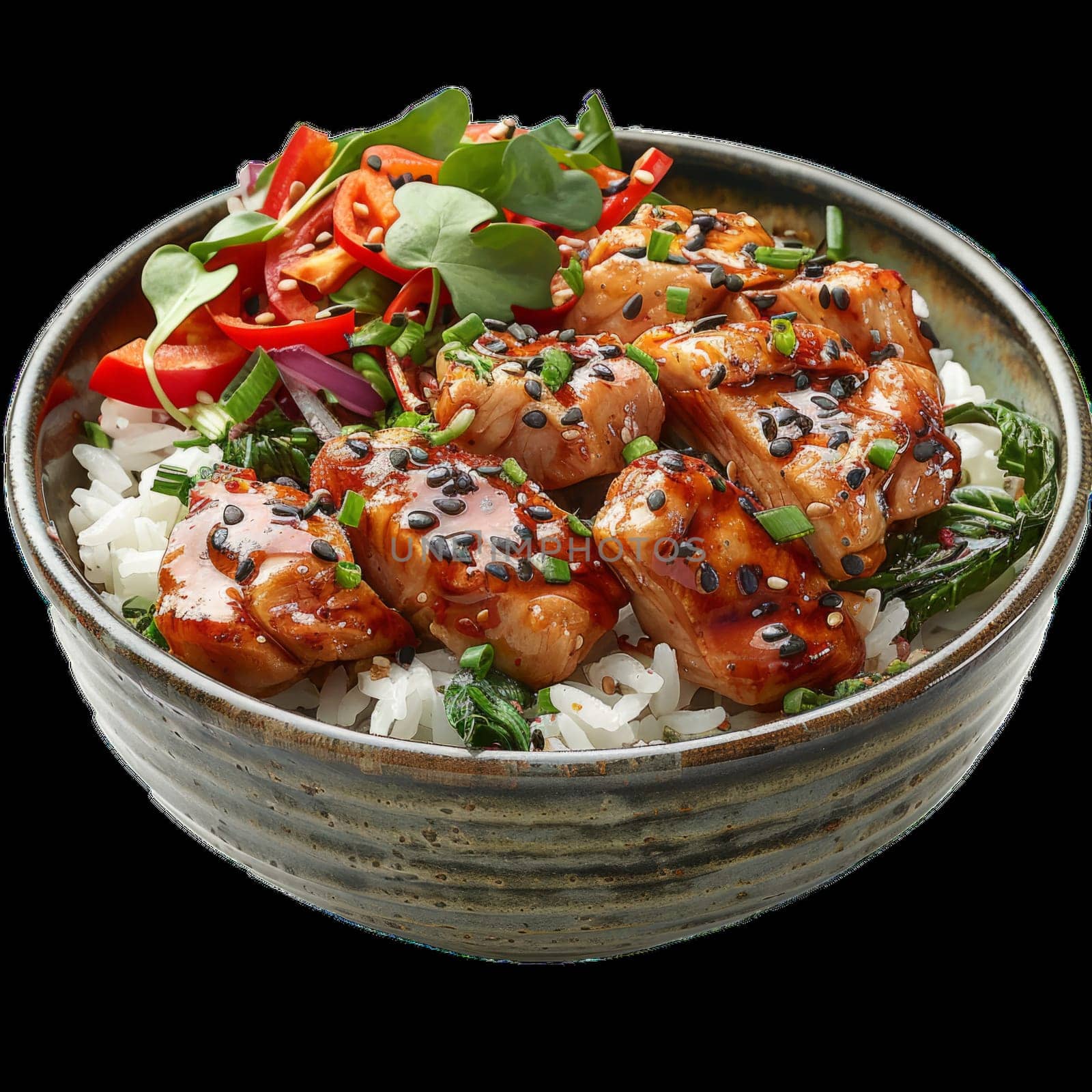 Teriyaki Chicken and Rice Bowl Png Isolated Cutout. Ai generated