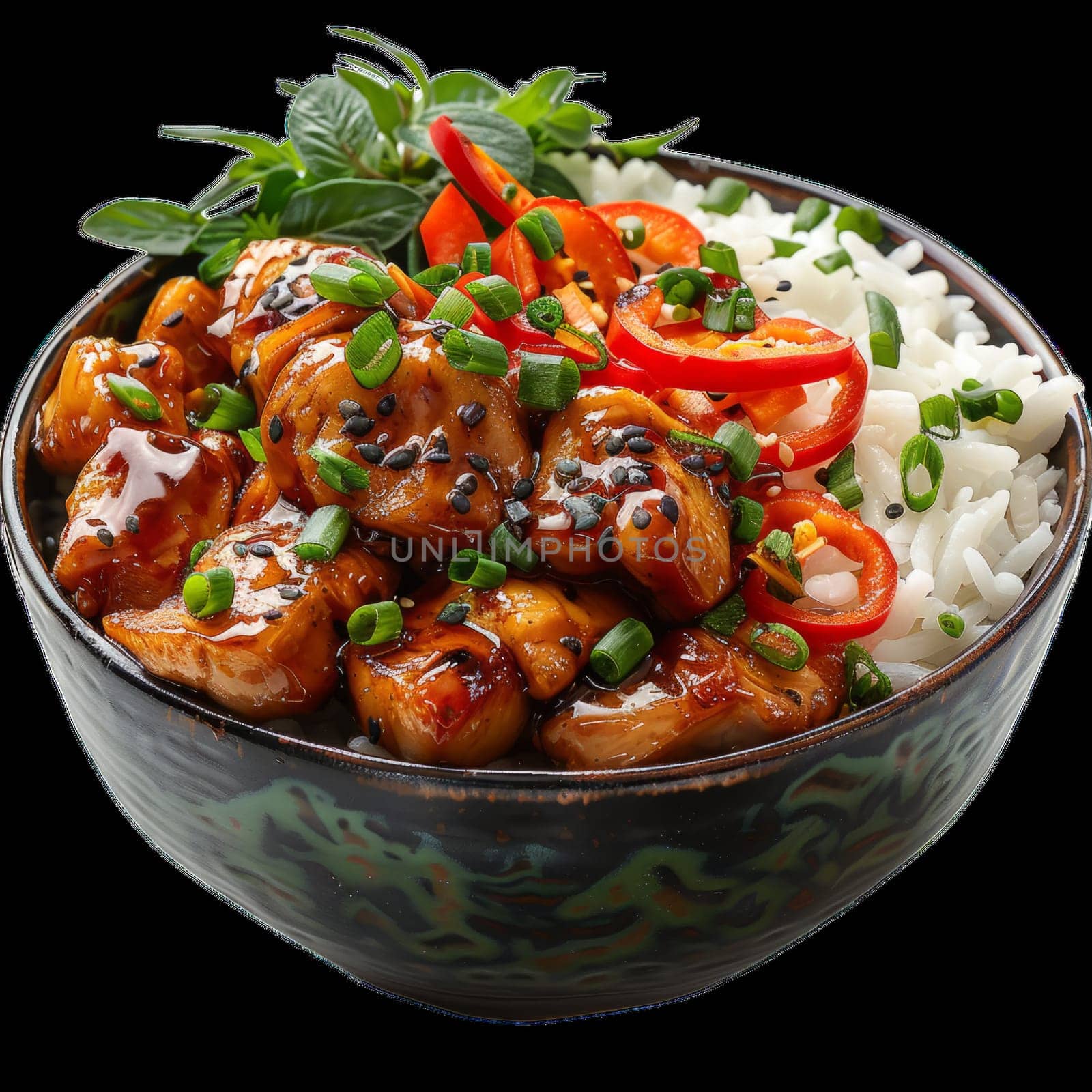 Teriyaki Chicken and Rice Bowl Png Isolated Cutout. Ai generated
