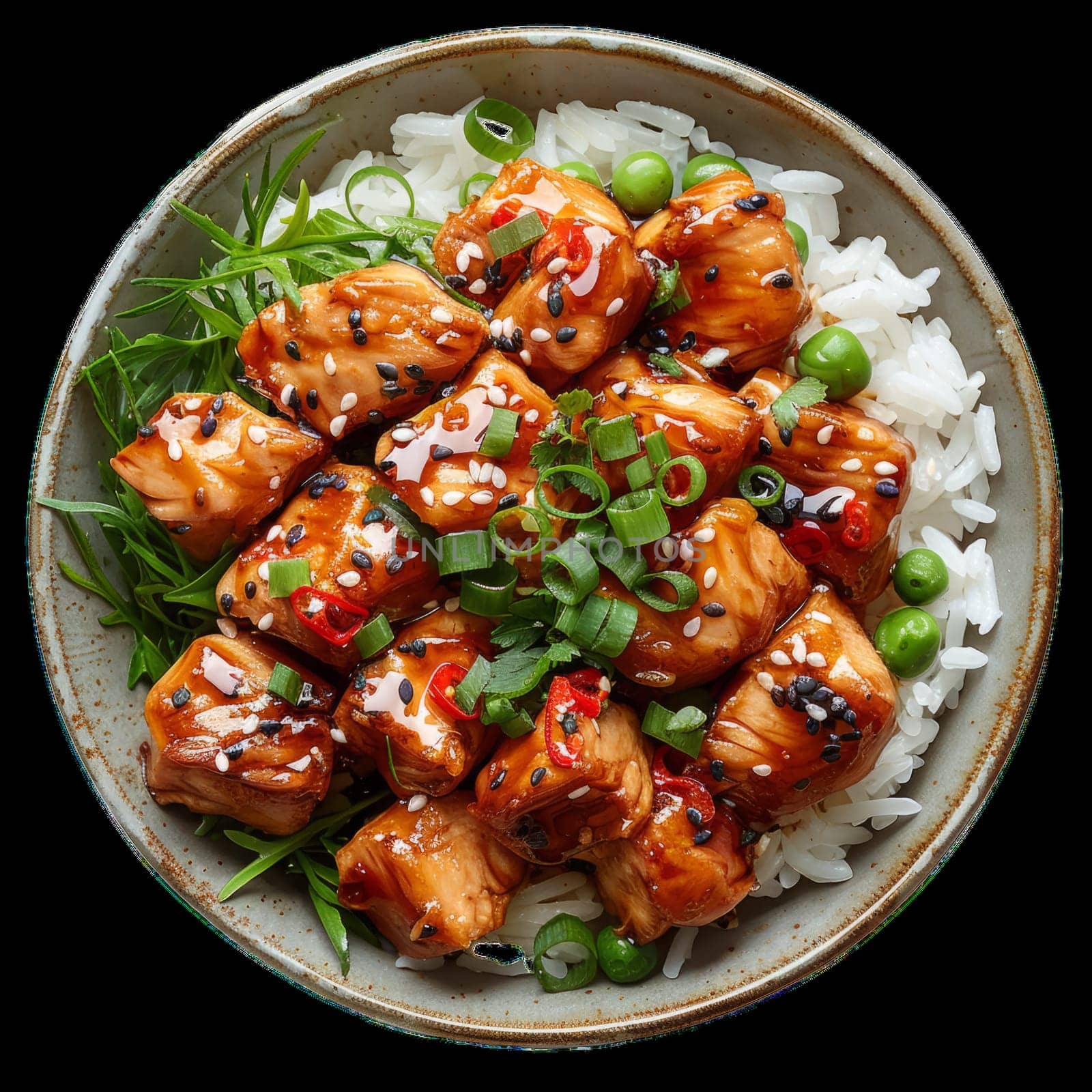 Teriyaki Chicken and Rice Bowl Png Isolated Cutout. Ai generated