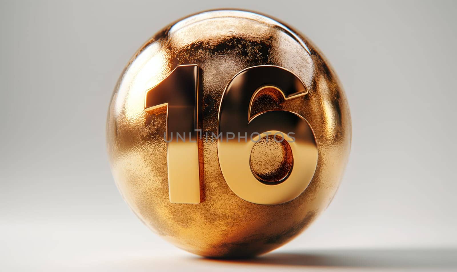 Golden ball with a number 16 on a white background. Selective focus.