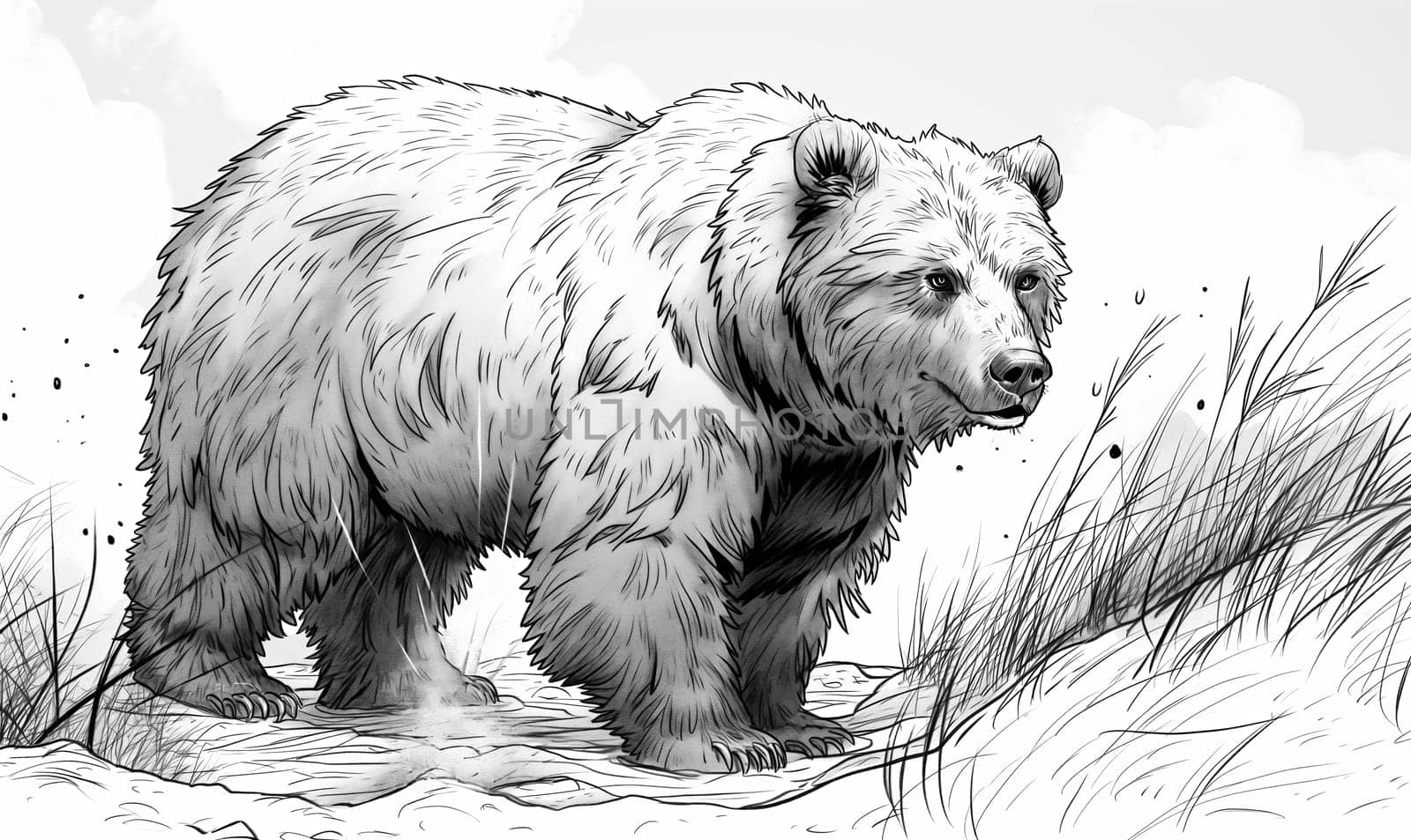 Black and white illustration for coloring animals, bear. Selective soft focus.
