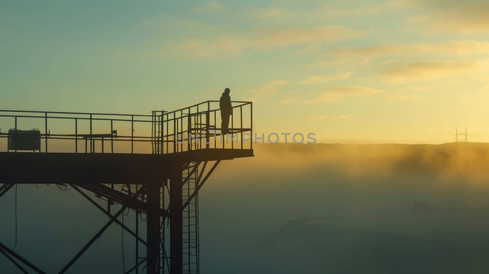 A construction worker stands on an elevated platform, overseeing a foggy industrial site, ensuring safety and project progress. AIG41