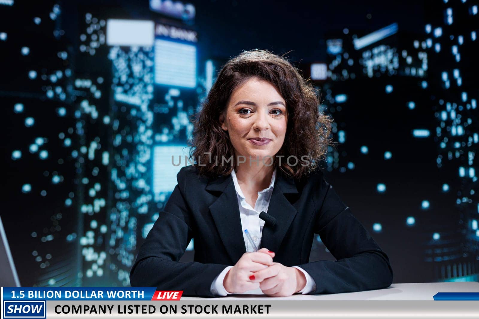 News program about billions dollars company sold on stock market, business value worth a lot of money. Woman journalist on late talk show discussing economics sector, live broadcast.