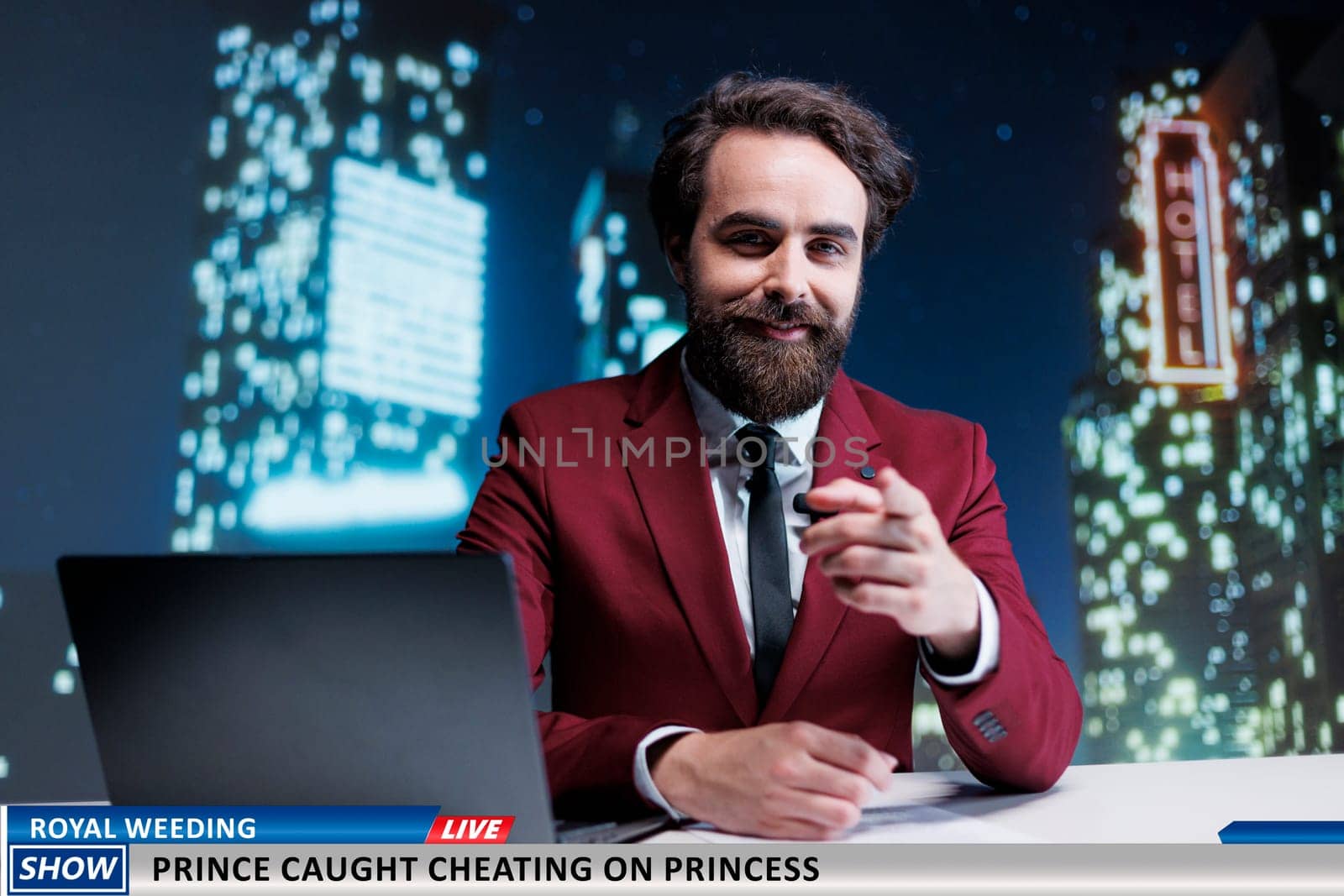 Night show host talks about royal conflict involving adultery, famous member of monarchy caught cheating. Media newscaster revealing information about prince and princess before wedding.