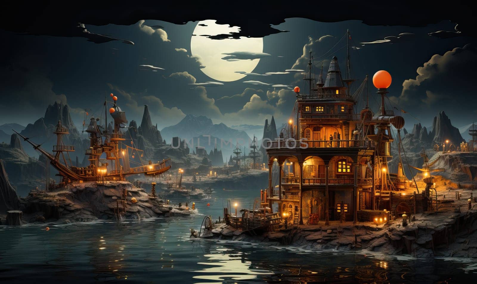A castle with full moon backdrop.