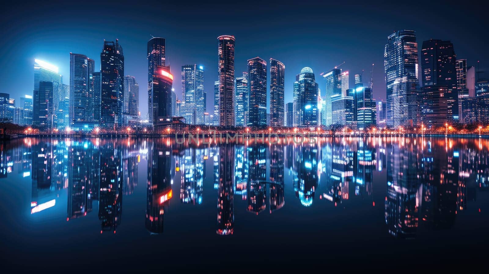 A vibrant city skyline with illuminated skyscrapers reflected beautifully on the water's surface, captured during the tranquil moments of dusk. Resplendent.