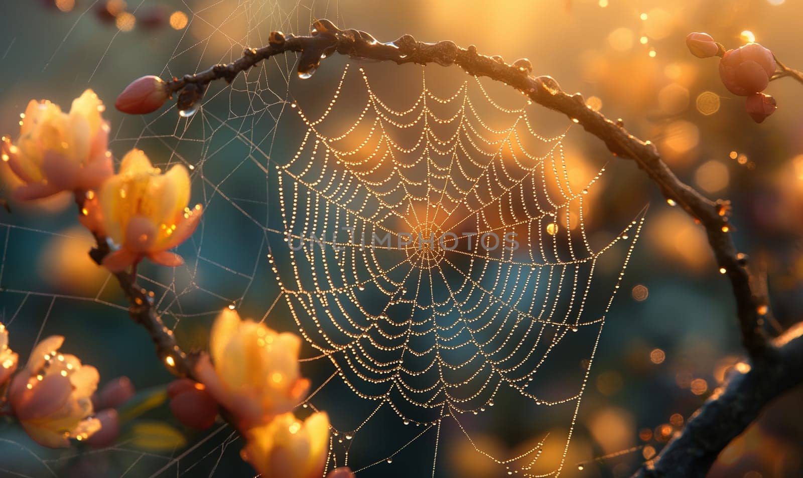 Close-up of a spider web woven on a tree branch. Selective focus.
