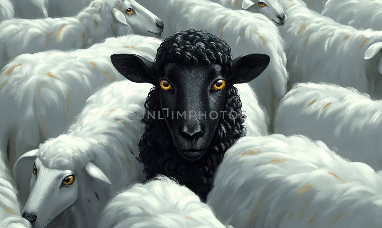 A black sheep among white sheep in a herd. Selective focus.