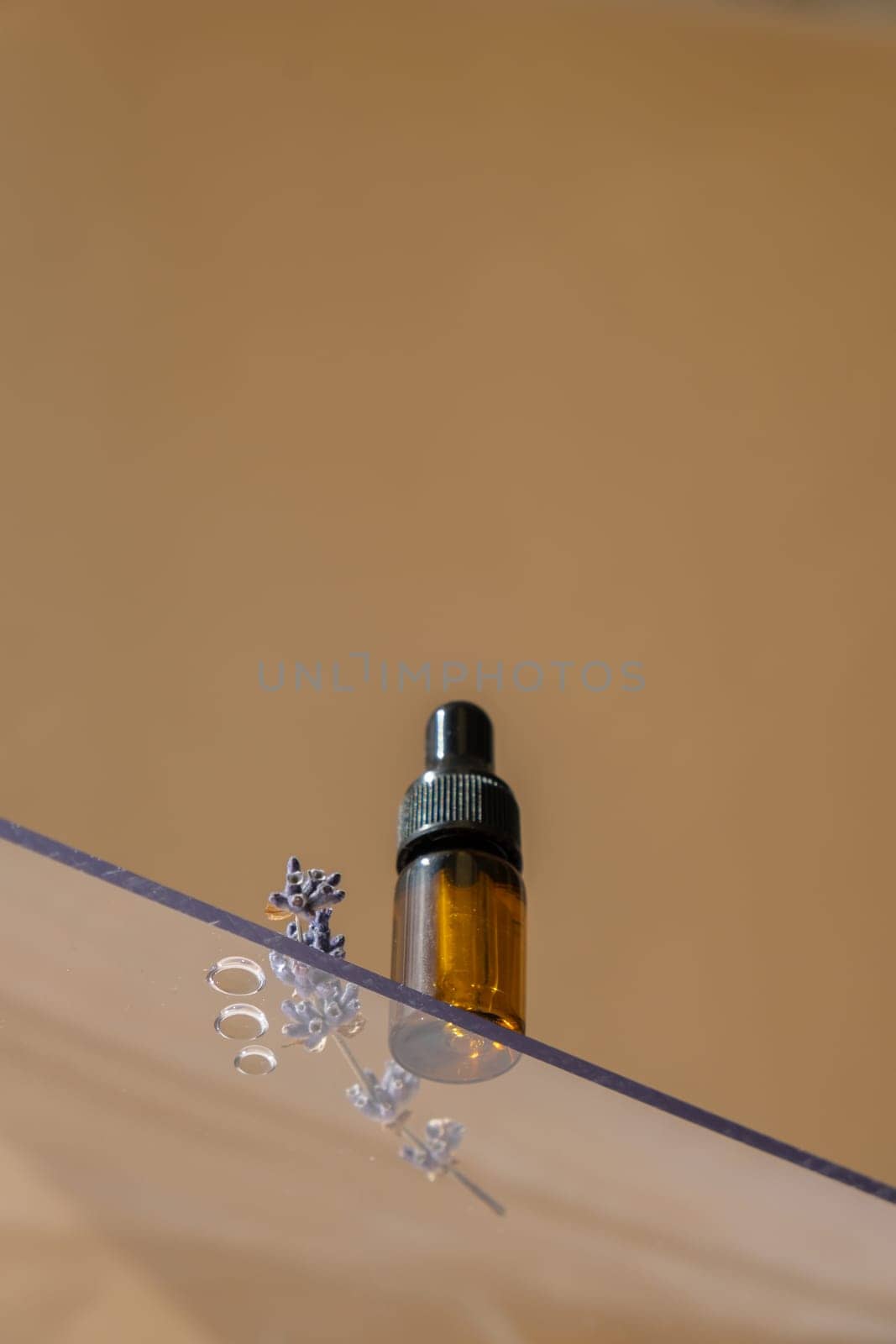 Looking through the window on natural herbal lavender essential oil. Eco organic seasonal wild harvested lavender flowers. Concept isometric of alternative medicine beauty treatments.