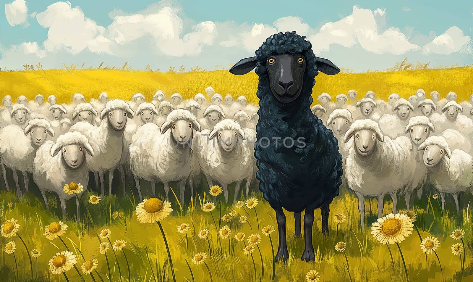 A black sheep among white sheep in a herd. Selective focus.