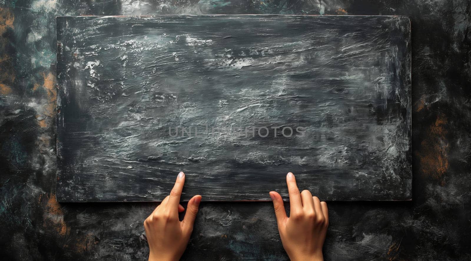 Two hands pointing at a painting displayed on a wall.