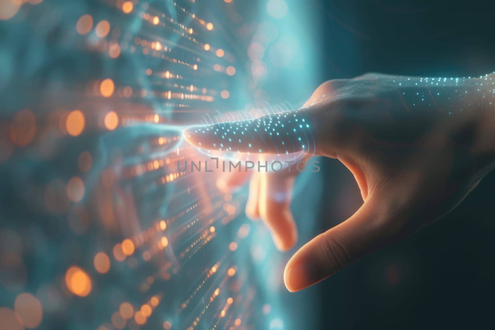 Close up of smart investor hand accessing in global internet connection to use data analysis or privacy security system. Businessman touching and pointing at AI database. Technology innovation. AIG42.