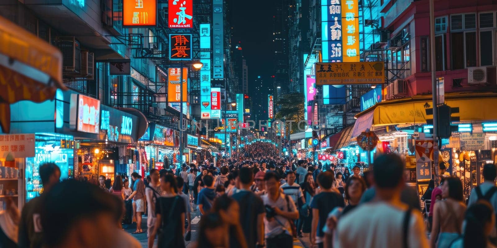 This image presents a stunning night-time cityscape bathed in neon lights, with reflections on streets creating a futuristic atmosphere. Resplendent.