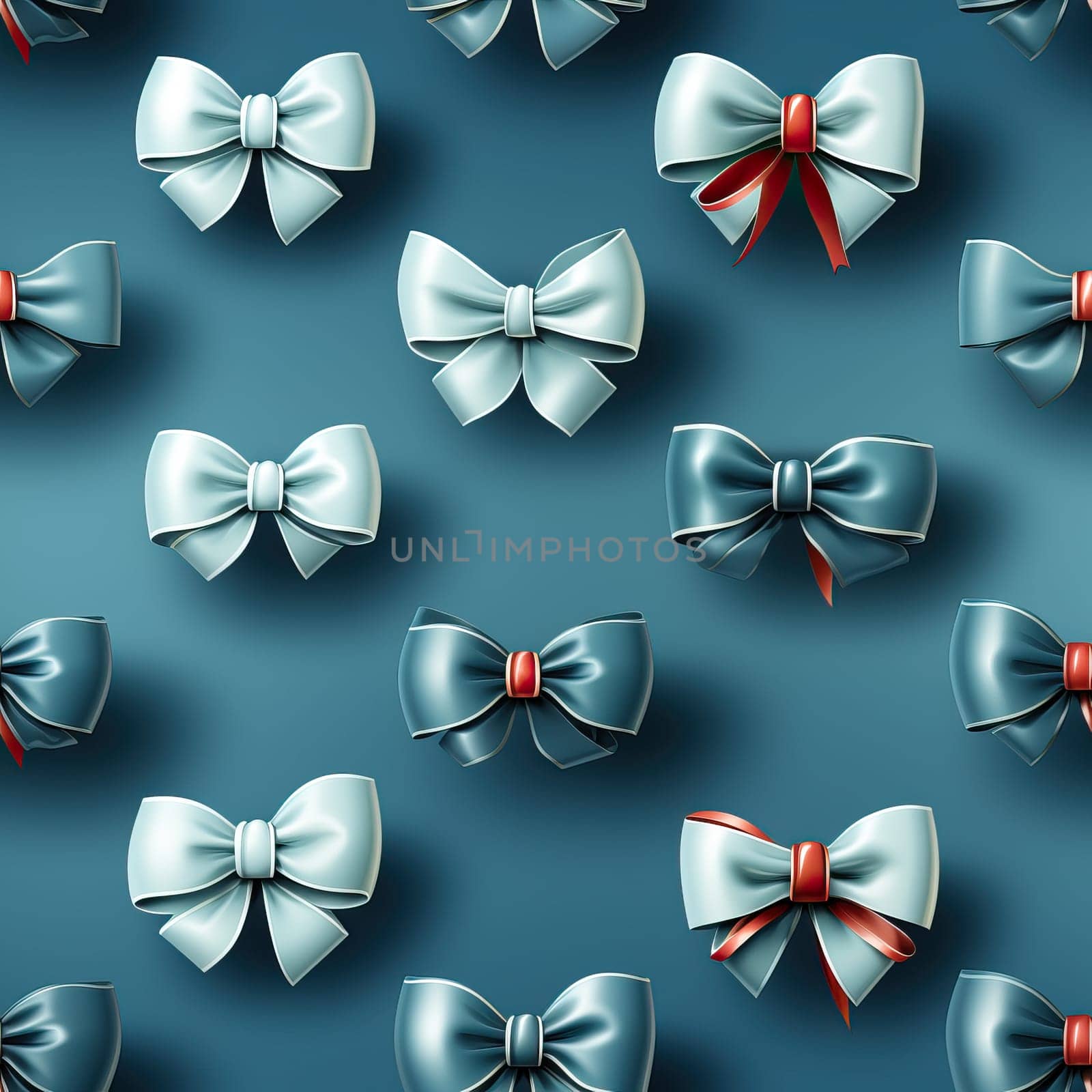 Several silver and red bows arranged on a blue surface.