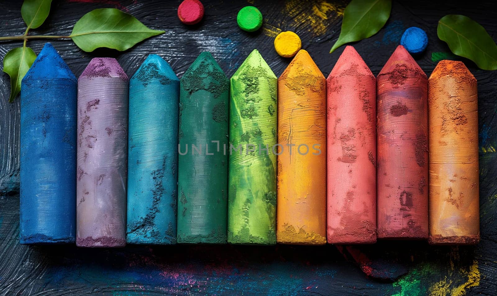 Rainbow crayons close up. Selective focus.