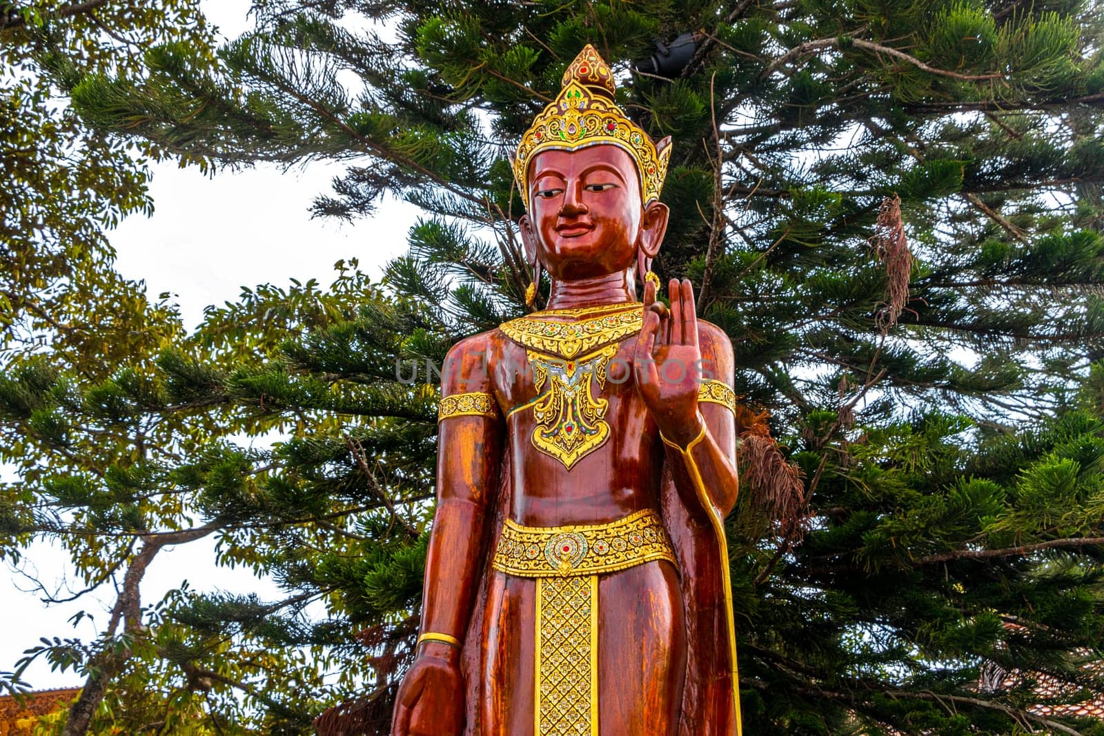 Buddha sculpture figure statue at golden gold Wat Phra That Doi Suthep temple temples building in Chiang Mai Amphoe Mueang Chiang Mai Thailand in Southeastasia Asia.