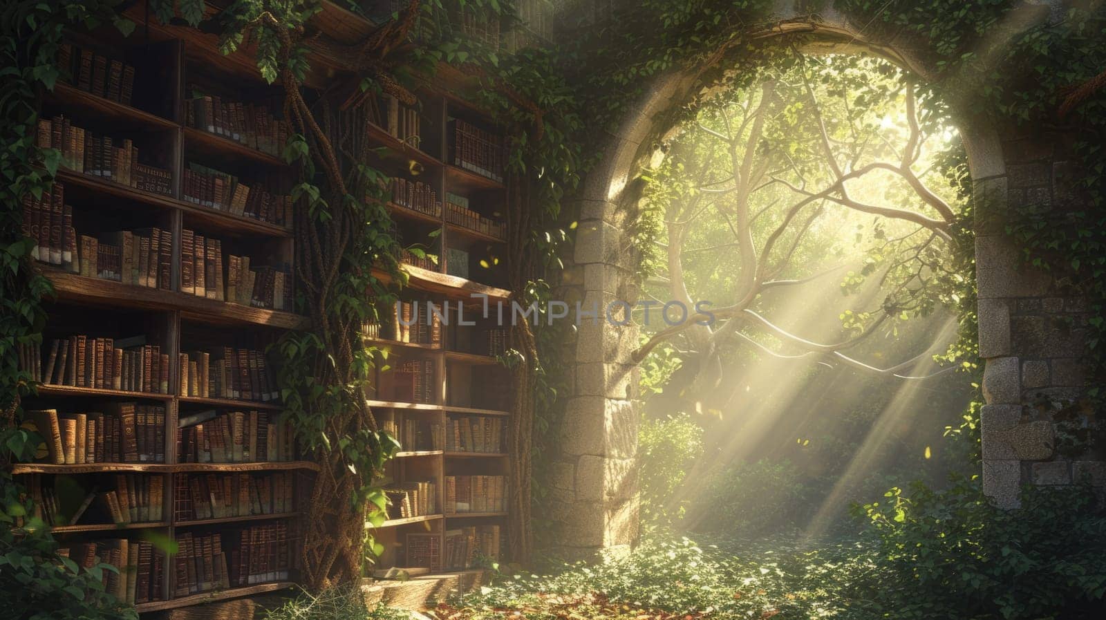 An ancient library in a hidden forest, overgrown with ivy, books filled with forgotten lore, mystical ambiance, sunlight filtering through leaves. Resplendent.