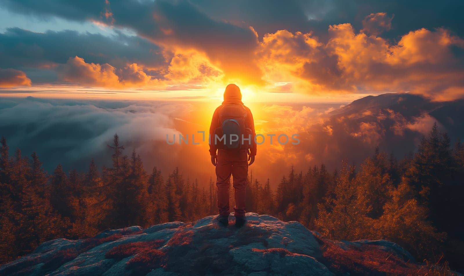 A person stands atop a mountain during a sunset.