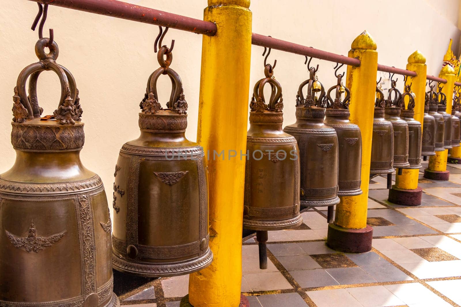 Gong and bell bells at golden gold Wat Phra That Doi Suthep temple temples building in Chiang Mai Amphoe Mueang Chiang Mai Thailand in Southeastasia Asia.