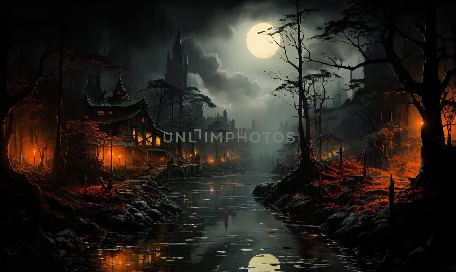 A painting capturing a dense dark forest with a river flowing through it.