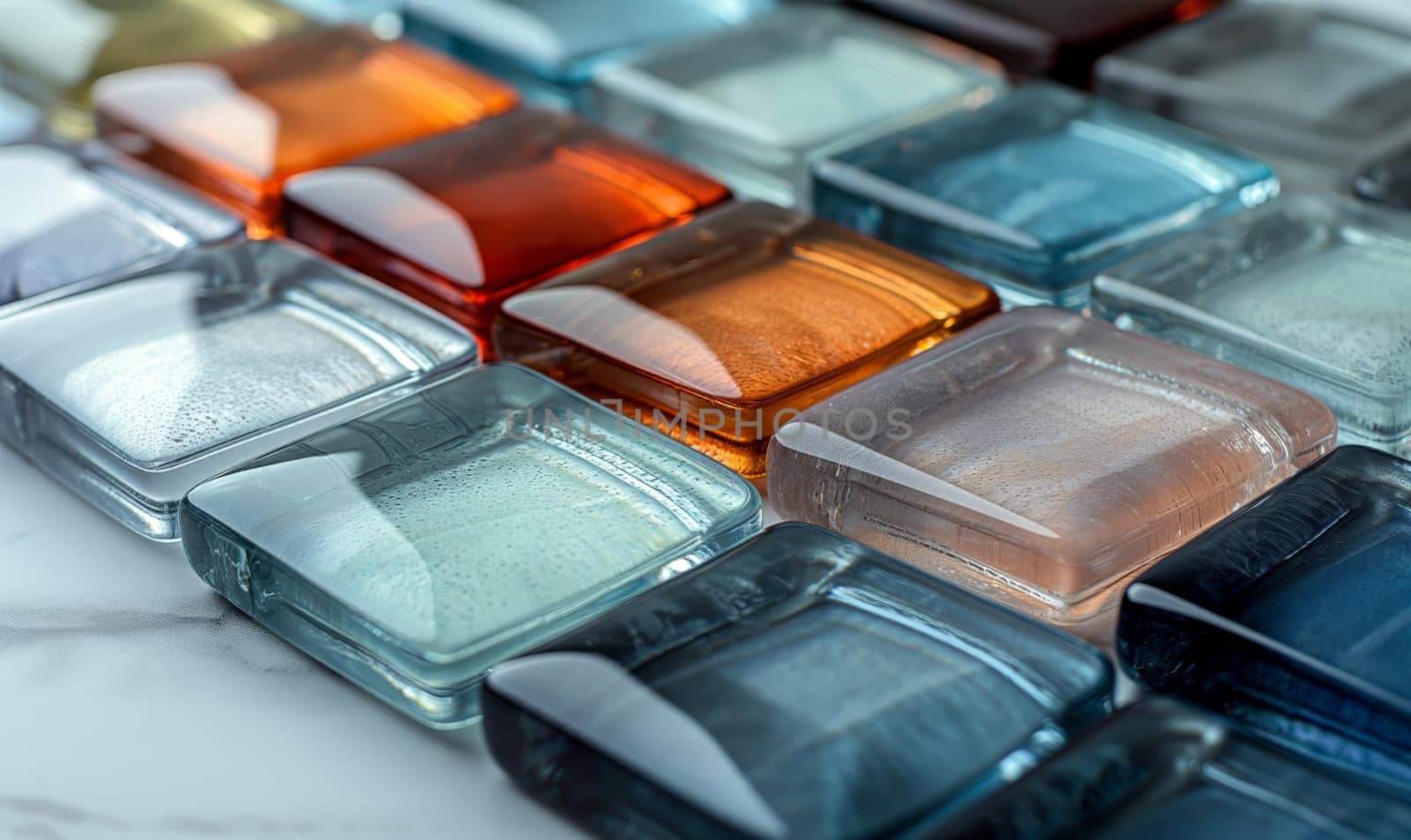 Colored square glasses on the table. Selective focus.