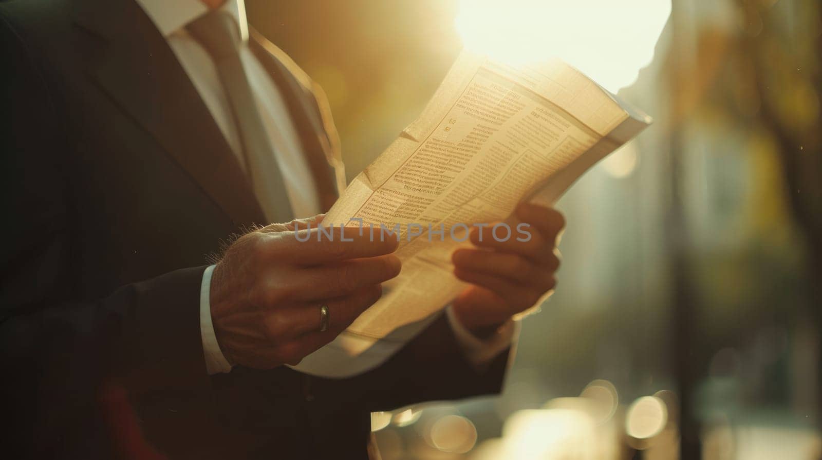 Close up of businessman holding newspaper while planning marketing strategy. Professional project manager wearing suit and reading at news while thinking about financial plan. Focus on hands. AIG42.