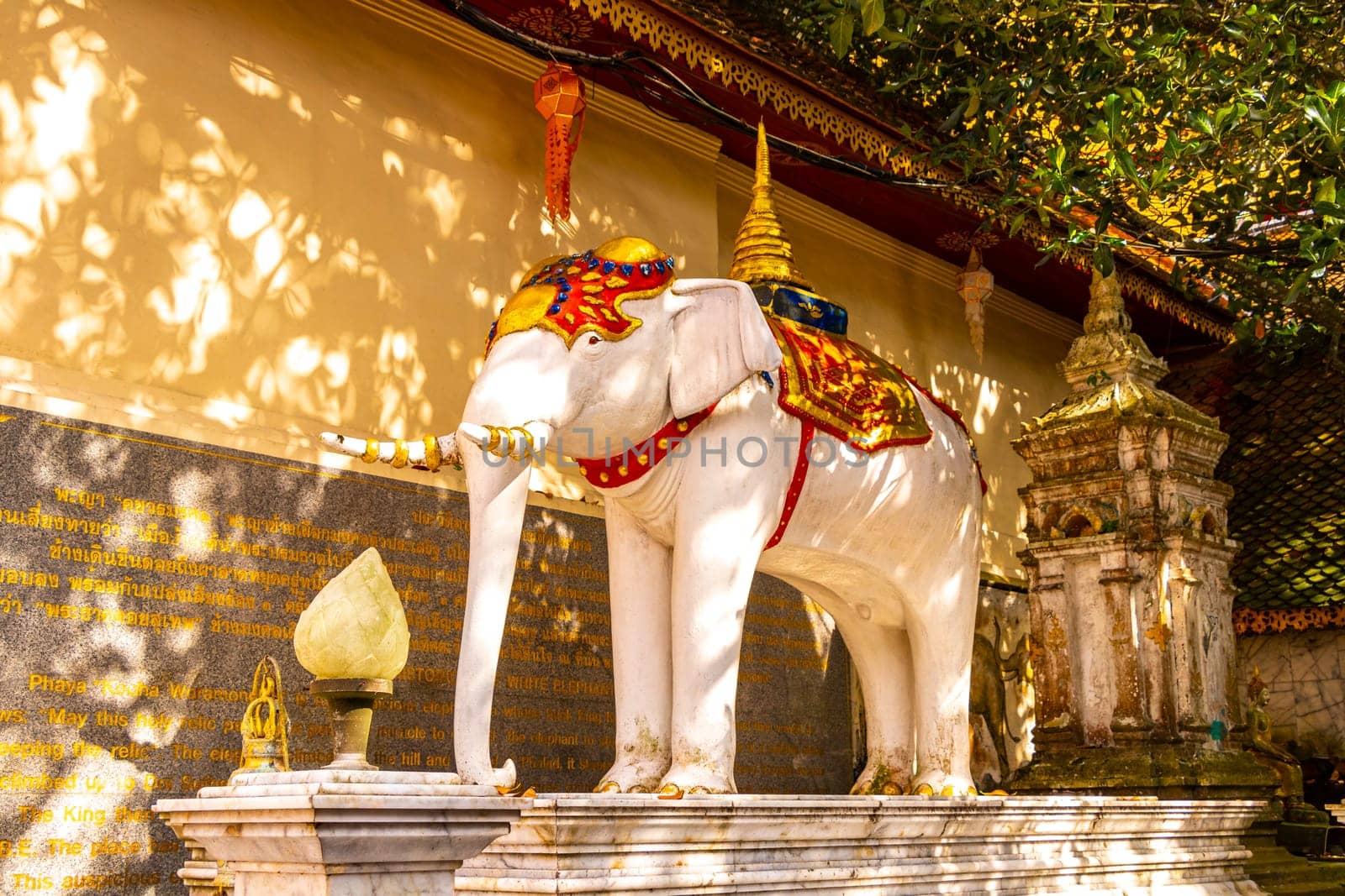 Elephant sculpture at golden gold Wat Phra That Doi Suthep temple temples building in Chiang Mai Amphoe Mueang Chiang Mai Thailand in Southeastasia Asia.