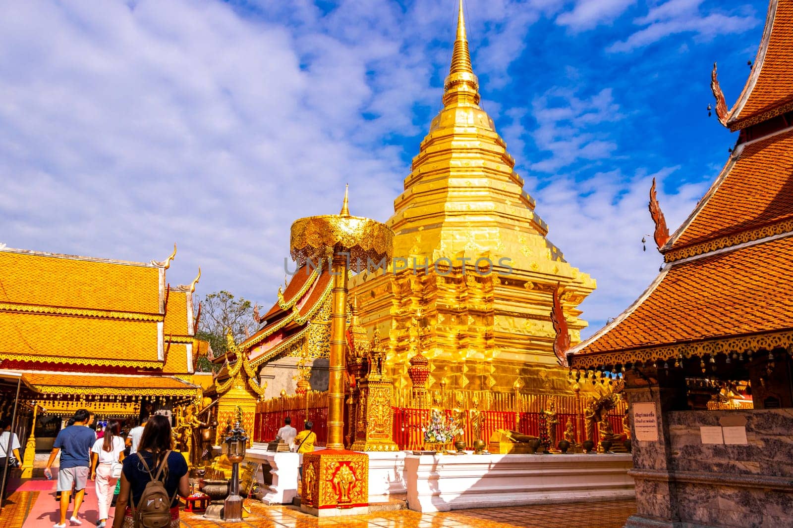 Golden gold stupa pagoda Wat Phra That Doi Suthep temple temples building in Chiang Mai Amphoe Mueang Chiang Mai Thailand in Southeastasia Asia.