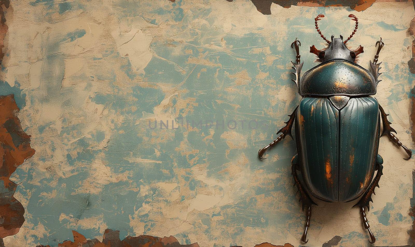 Illustration, beetle on vintage background. Selective focus.