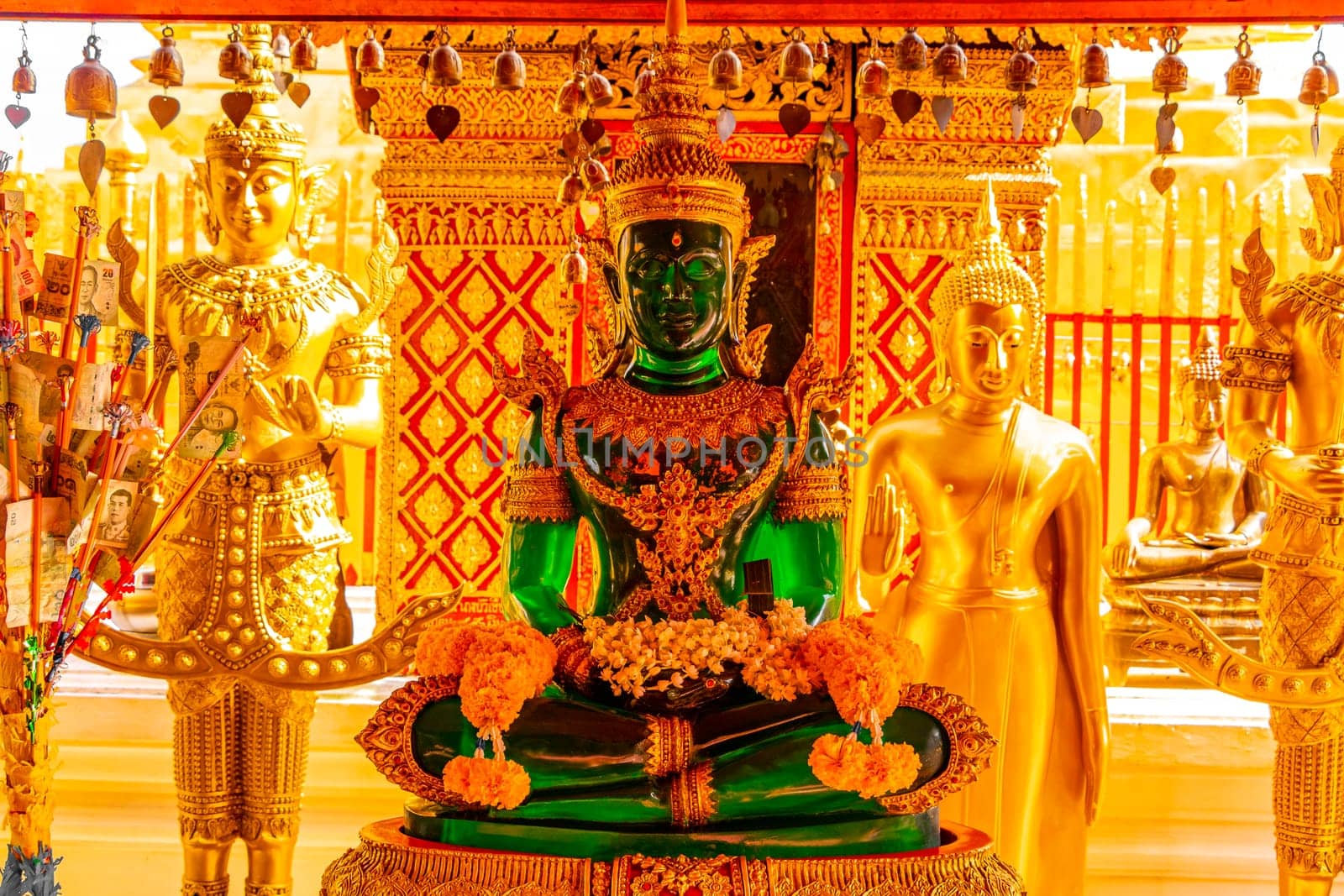 Buddha sculture figure statue at golden gold Wat Phra That Doi Suthep temple temples building in Chiang Mai Amphoe Mueang Chiang Mai Thailand in Southeastasia Asia.