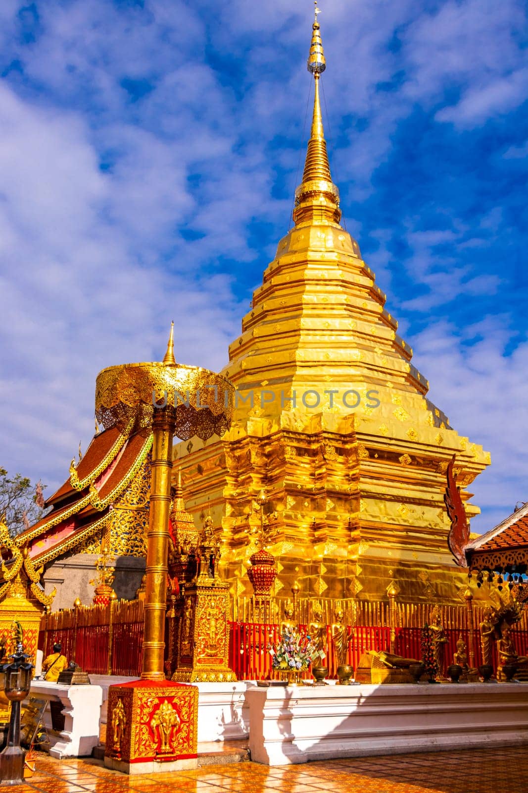 Golden gold stupa pagoda Wat Phra That Doi Suthep temple temples building in Chiang Mai Amphoe Mueang Chiang Mai Thailand in Southeastasia Asia.