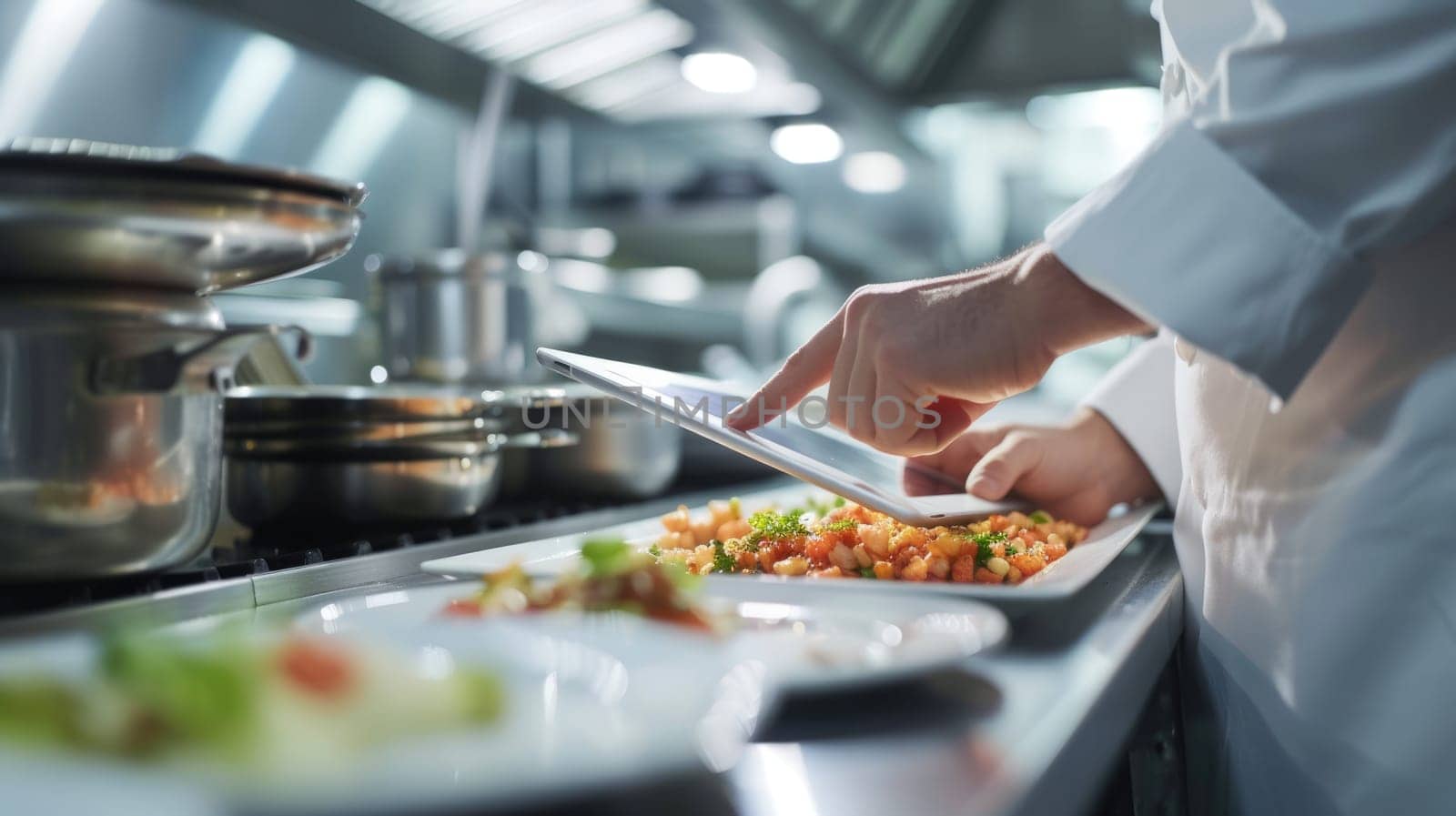 Close up of professional chef hands using tablet or innovation technology while cooking form recipe. Skilled cock wearing cook uniform while looking at food recipe. Futuristic cocking concept. AIG42.