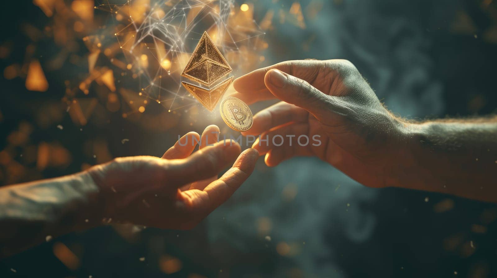 Close up of business man hand exchanging money to cryptocurrency. Investor changing coin currency with digital coin with hologram of abstract financial investment trading or shiny gold coin. AIG42.