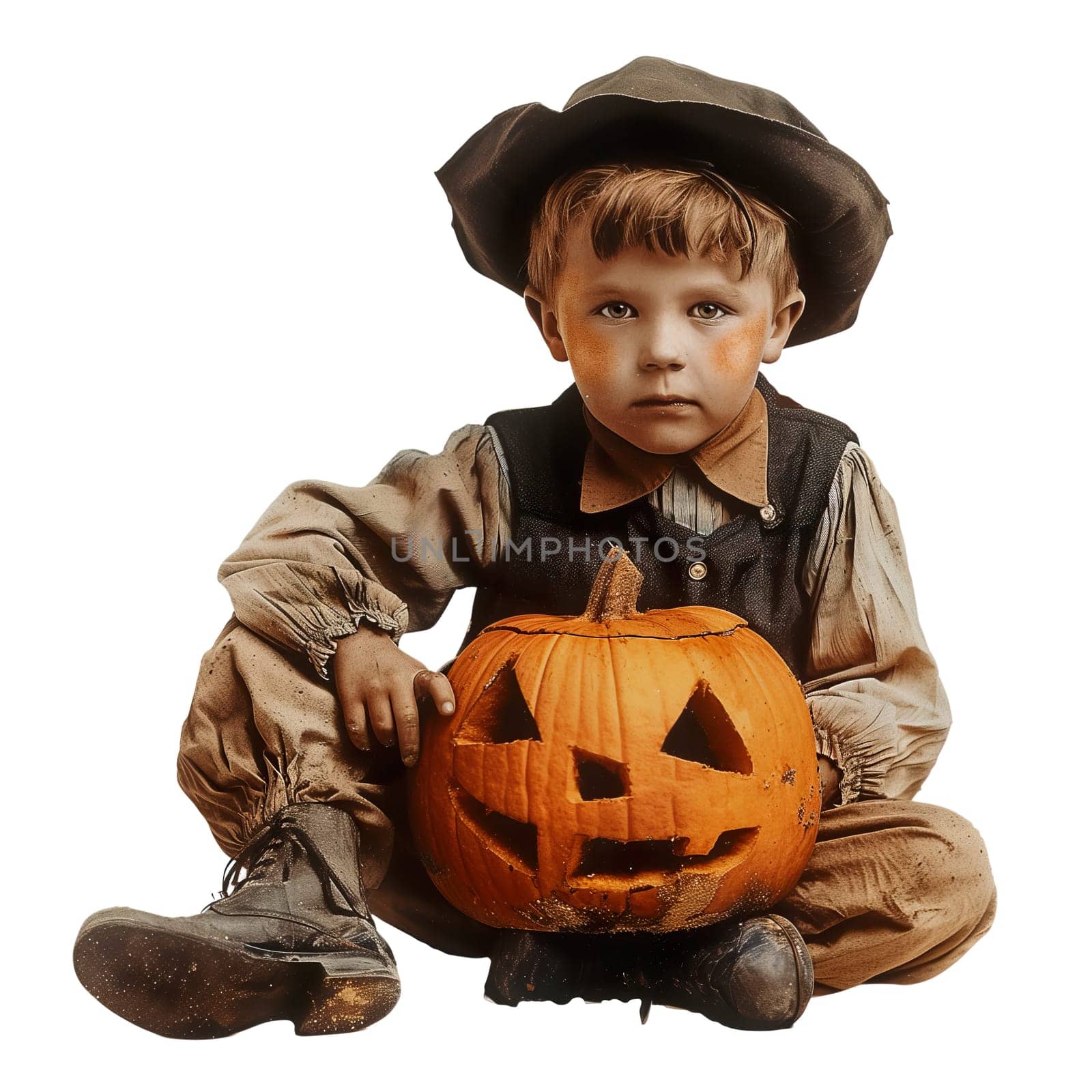 Cut out retro photo of halloween boy with pumpkin by Dustick