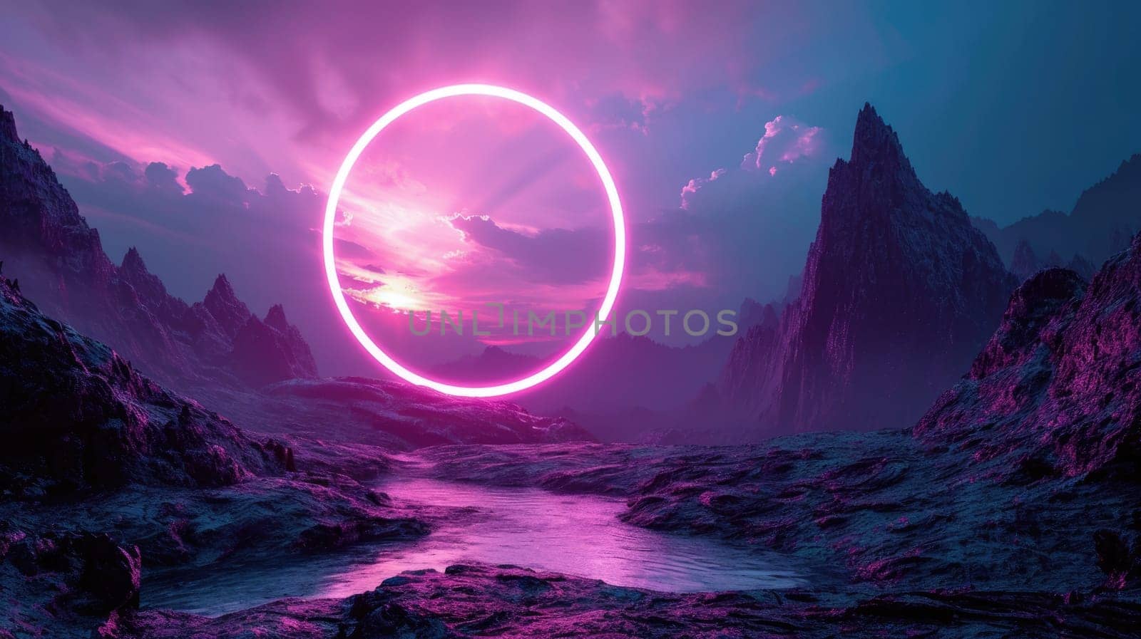 The great pink floating circle beyond the river that surrounded with a lot amount of the tall mountains at the dawn or dusk time of the day that shine light to the every part of the picture. AIGX03.