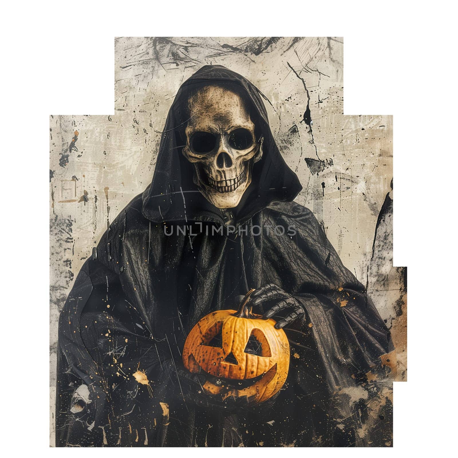 Cut out retro photo of halloween grim reaper with pumpkin by Dustick