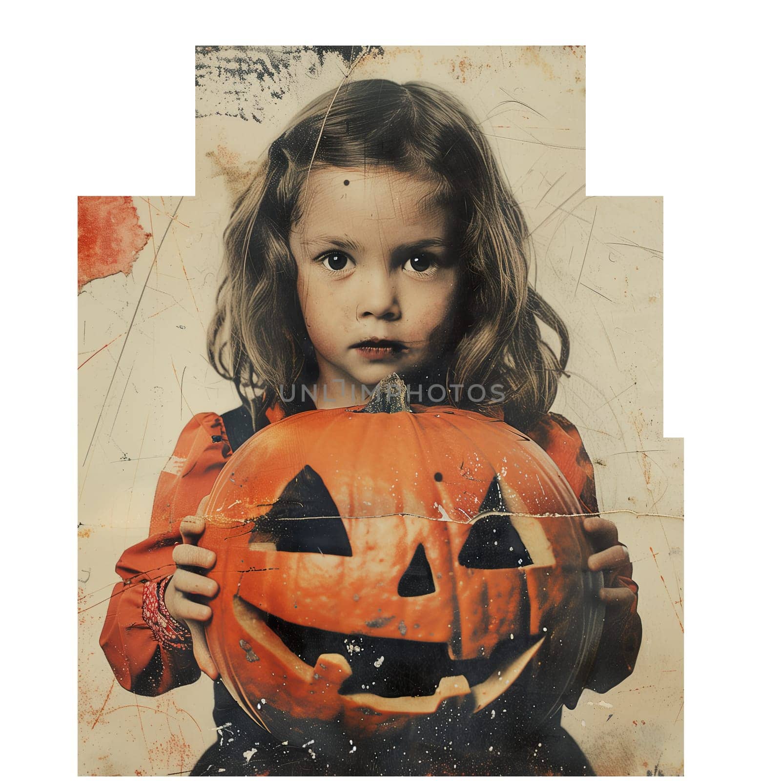 Cut out retro photo of halloween girl with pumpkin ai generated image