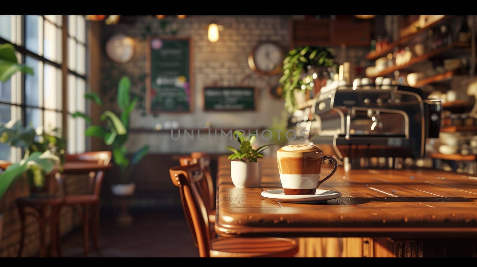 Hot coffee or cappuccino with beautiful latte art cup placed on table at cozy coffee shop. Empty coffee shop interior with wooden table decorated with green plant with vintage style. No people. AIG42.