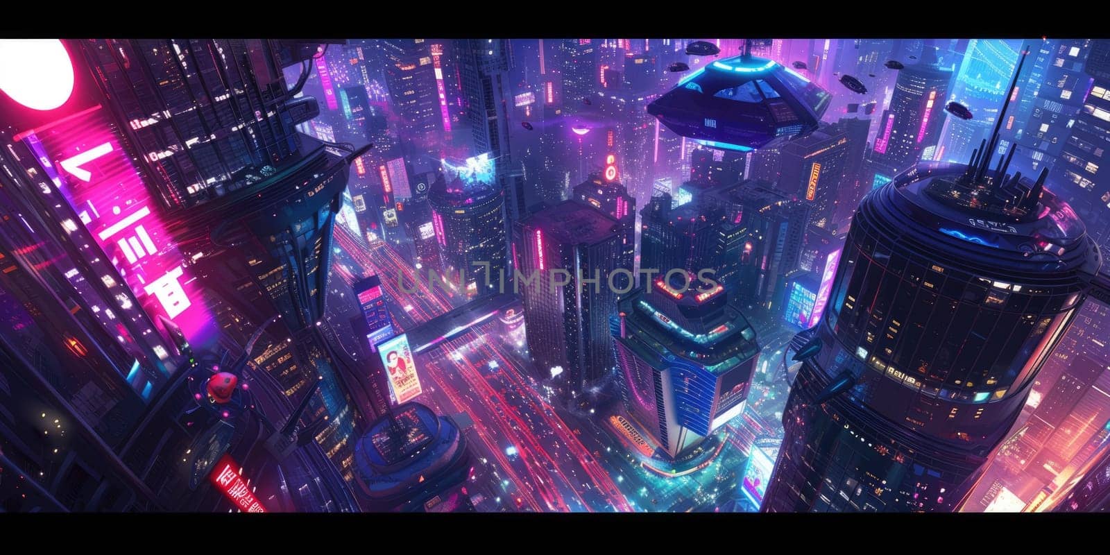 Futuristic city glows with soft hues, complemented by the sleek design of hovering vehicles above the vibrant skyline. Resplendent.