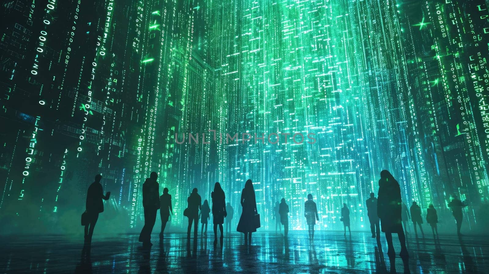 The picture of the group people that has been walking into the endless walkway that has been raining with the digital matrix green binary rain of code that seem like people search something. AIGX01.