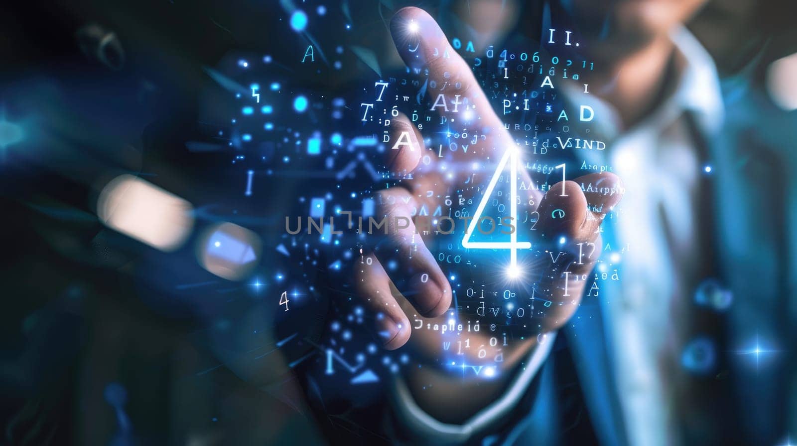 A businessman holding a glowing blue 4 in his hand with a futuristic background AIG51A.