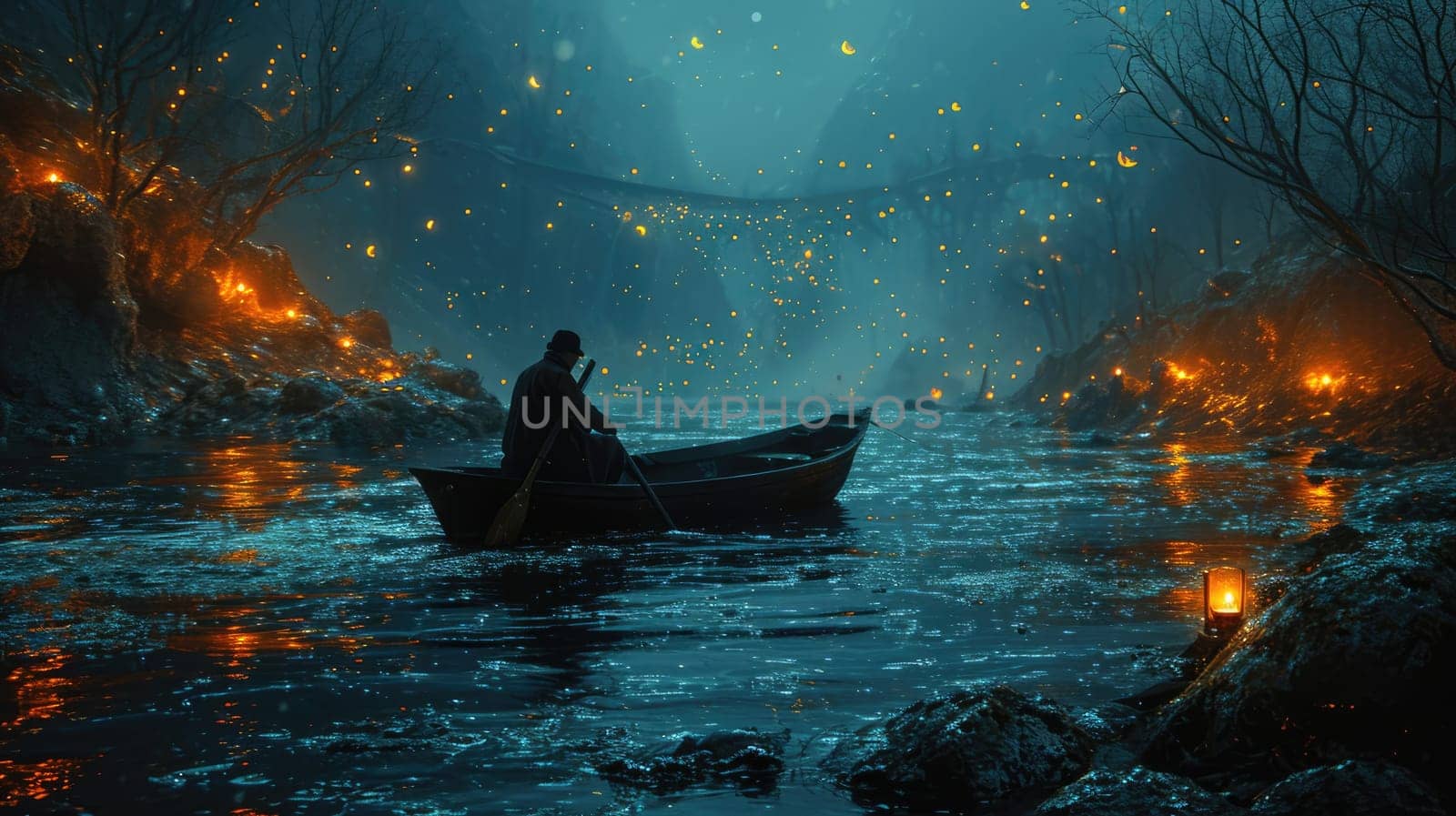 The picture of young or adult male or female that sailing the boat in the middle of the water that surrounded with nature in the nighttime of the day yet look bright and clear with the light. AIGX03.