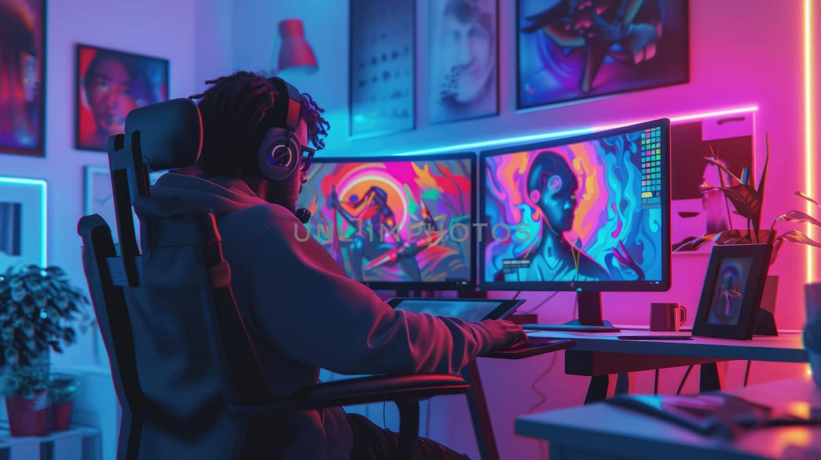 A creative professional is deeply focused on editing visual media on a computer, surrounded by a vibrant and artistic workspace. AIG41