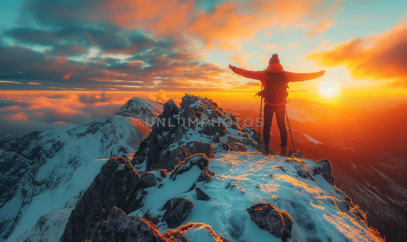 A person stands triumphantly on top of a snowy mountain peak.