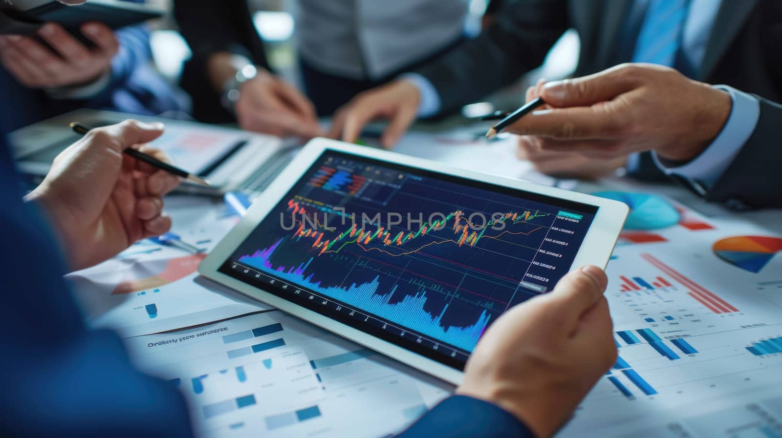 Group of professional business people working together and discussing about marketing strategy. Skilled business team planning about financial plan while looking at stock market chart at table. AIG42.