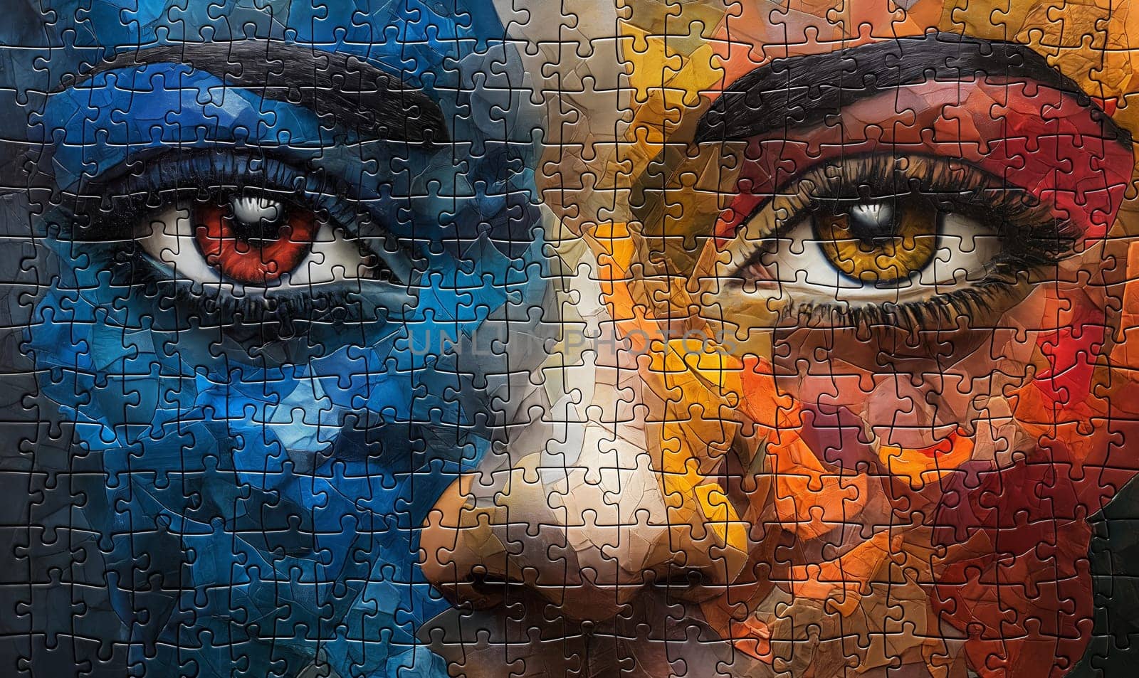 Completed puzzle with a woman's face, close-up. Selective focus.
