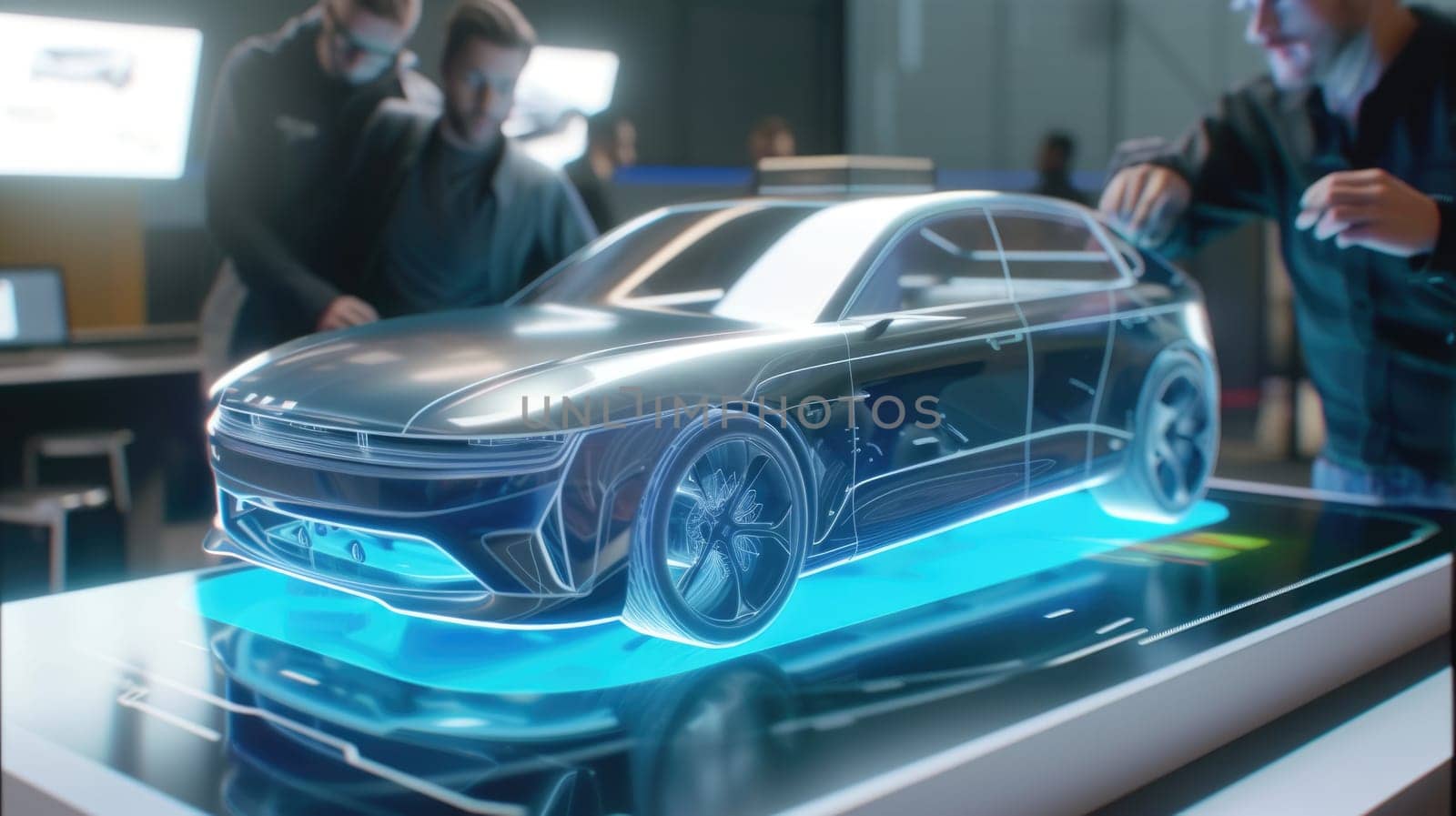 A futuristic car design is presented in a virtual showroom, illuminated by neon lights and showcasing the latest in automotive technology. AIG41